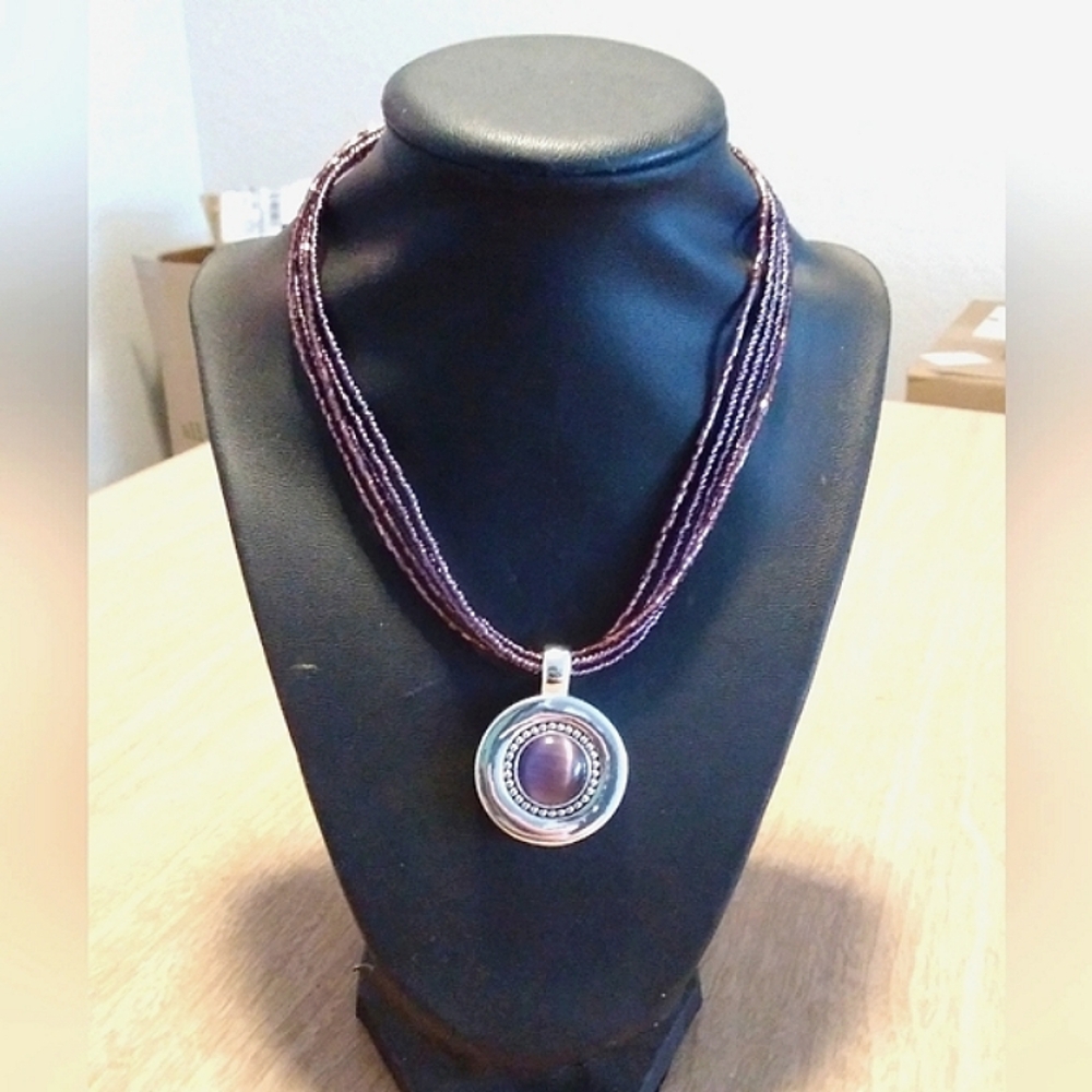 Purple Multi Strand Beaded Necklace  Silvertone Metal Round Pendant Boho